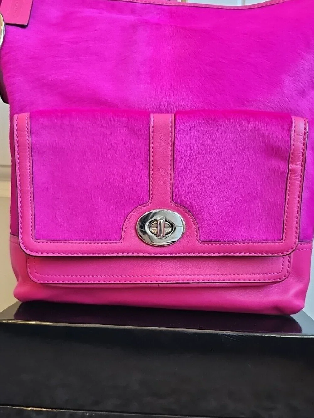 ​Coach Limited Edition Fuchsia Pink Calf Hair Legacy Duffle Tassel Bag #21158